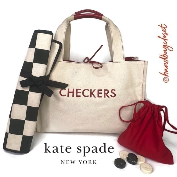Kate Spade New York Mason Long Handles "TIC TAC TOE" "CHECKERS" Canvas Game Tote - Picture 1 of 16
